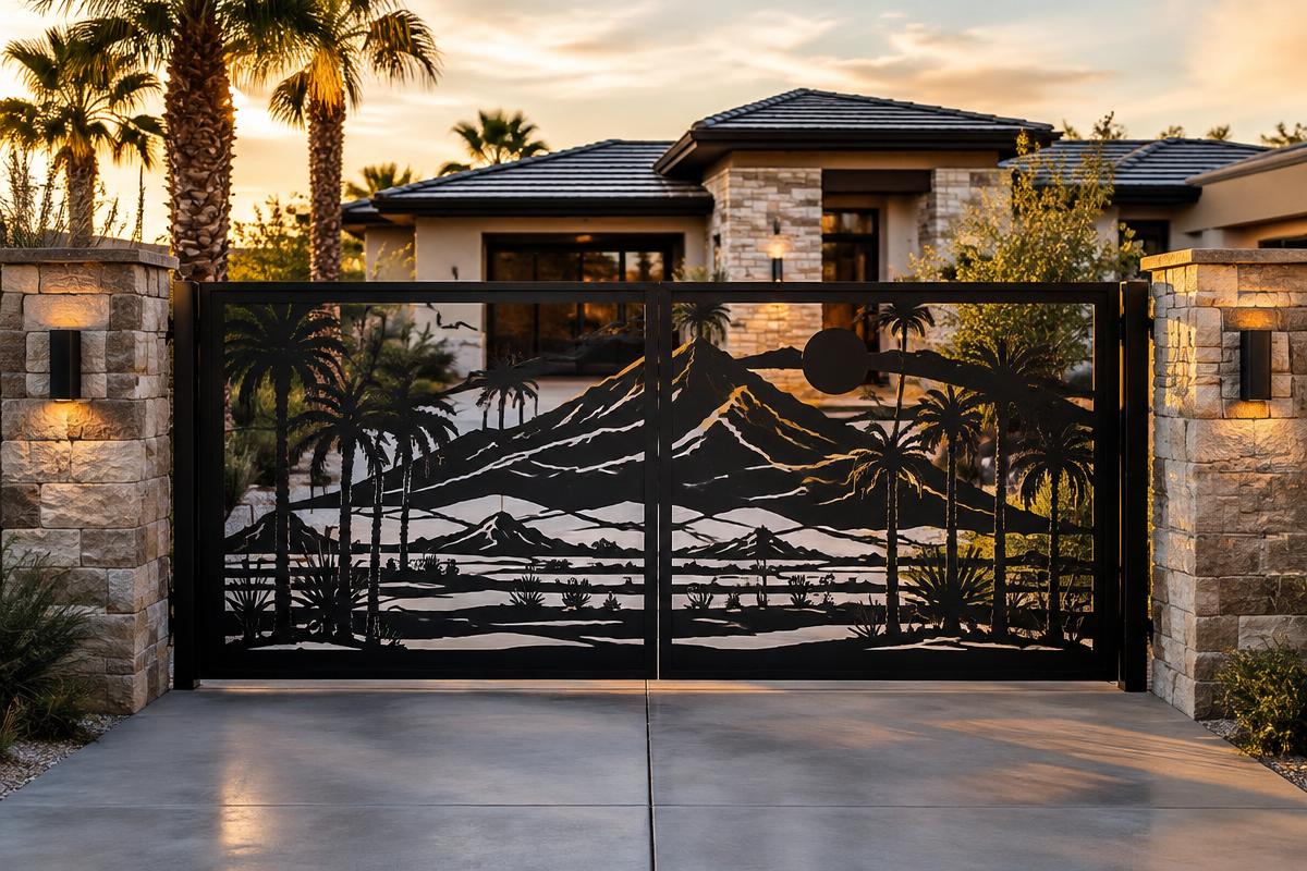 black CNC cut steel double swing driveway gate, CNC plasma-cut steel gates pattern