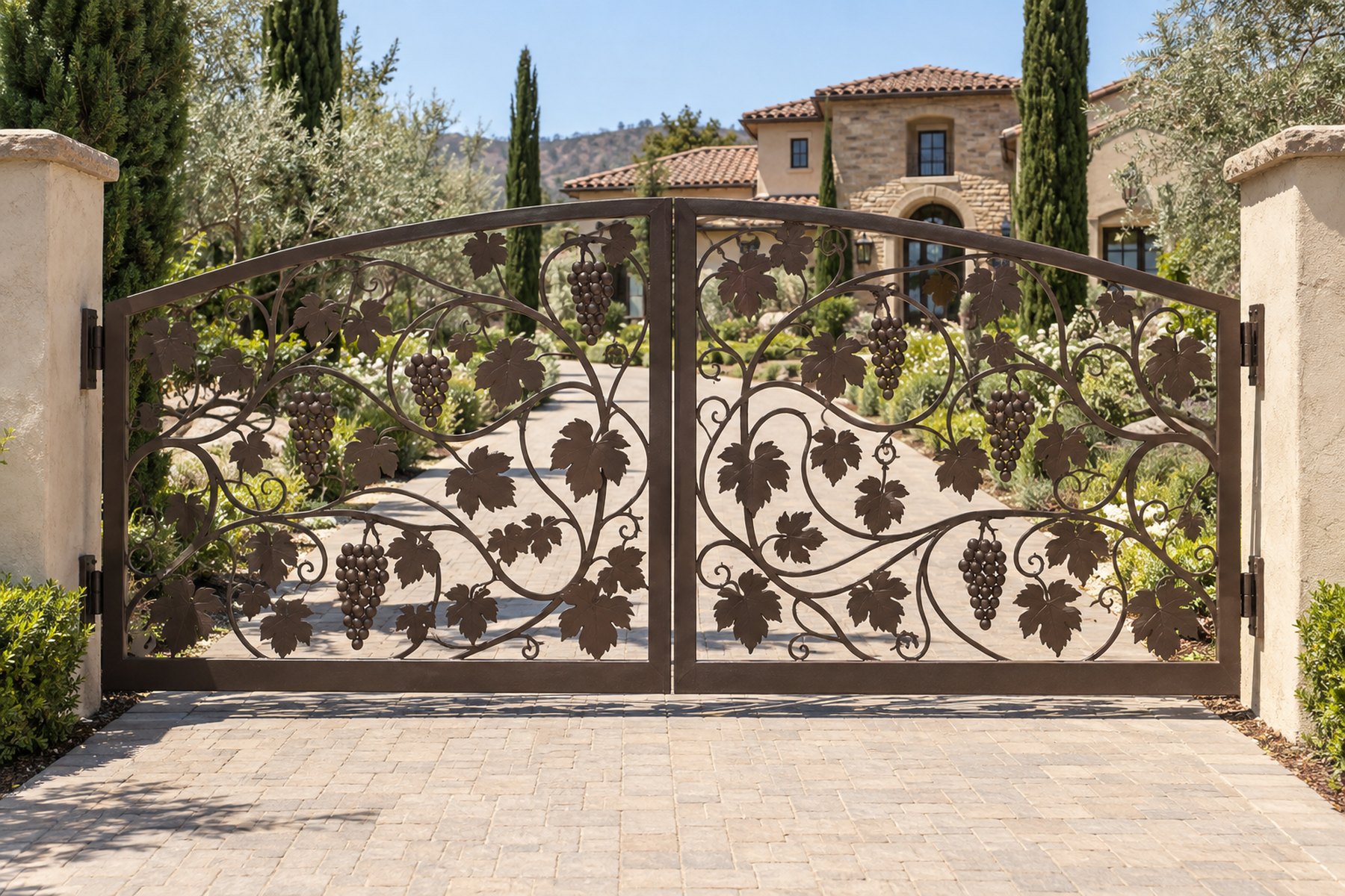 bronze CNC cut steel double swing driveway gate, Grapevine and leaves pattern