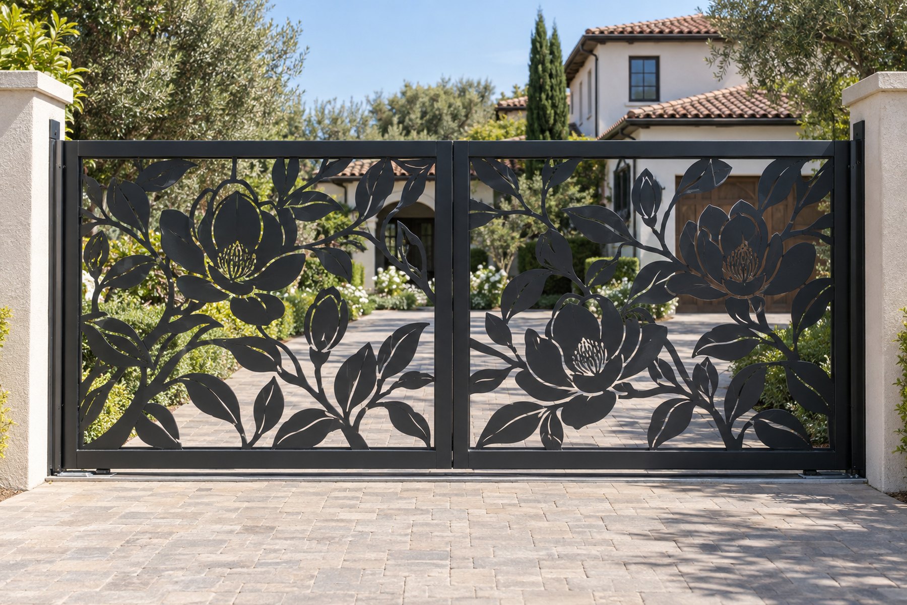 black CNC cut steel double sliding driveway gate, Magnolia flowers pattern