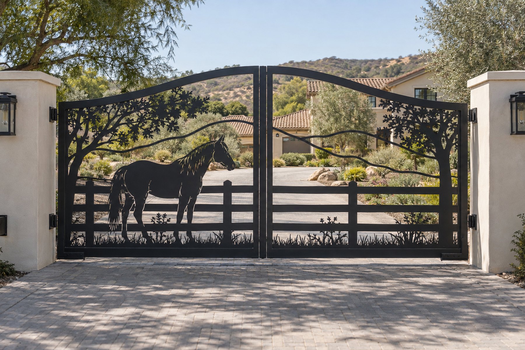 black CNC cut steel double swing driveway gate, Horse and ranch fence pattern