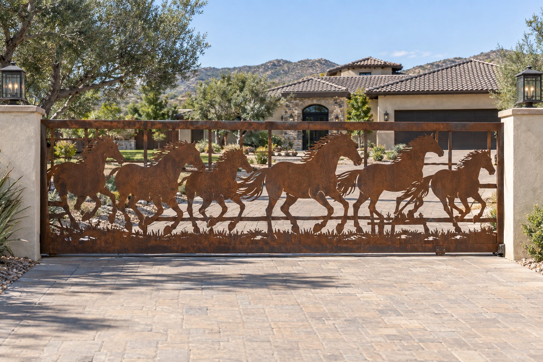 rust patina CNC cut steel sliding driveway gate, Running horses pattern