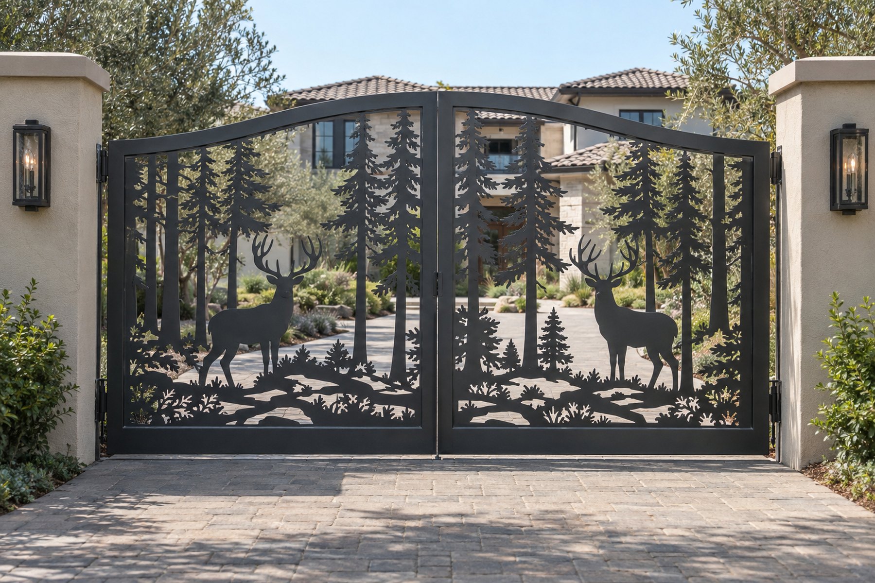 charcoal CNC cut steel double swing driveway gate, Deer in pine forest pattern