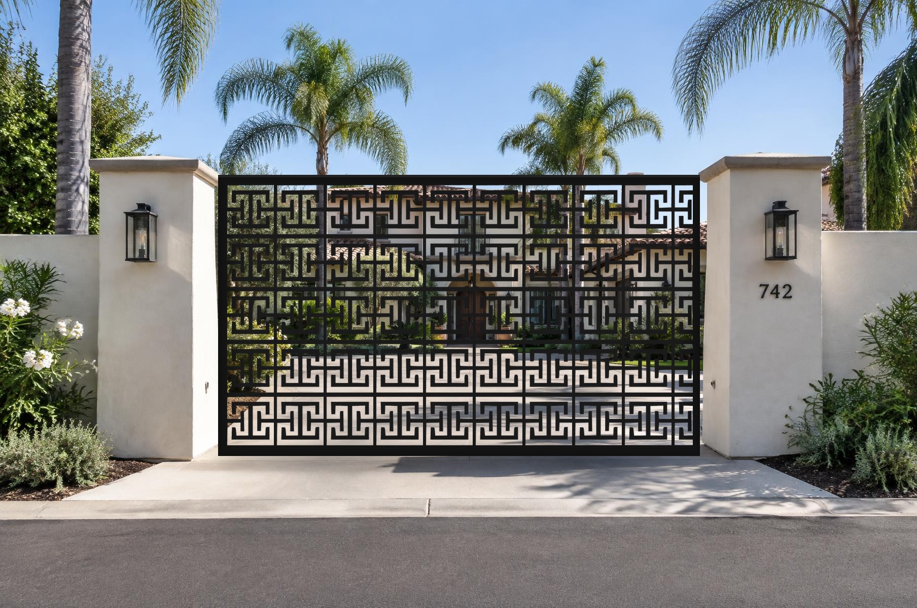 black CNC cut steel double swing driveway gate, Greek Key Meander pattern