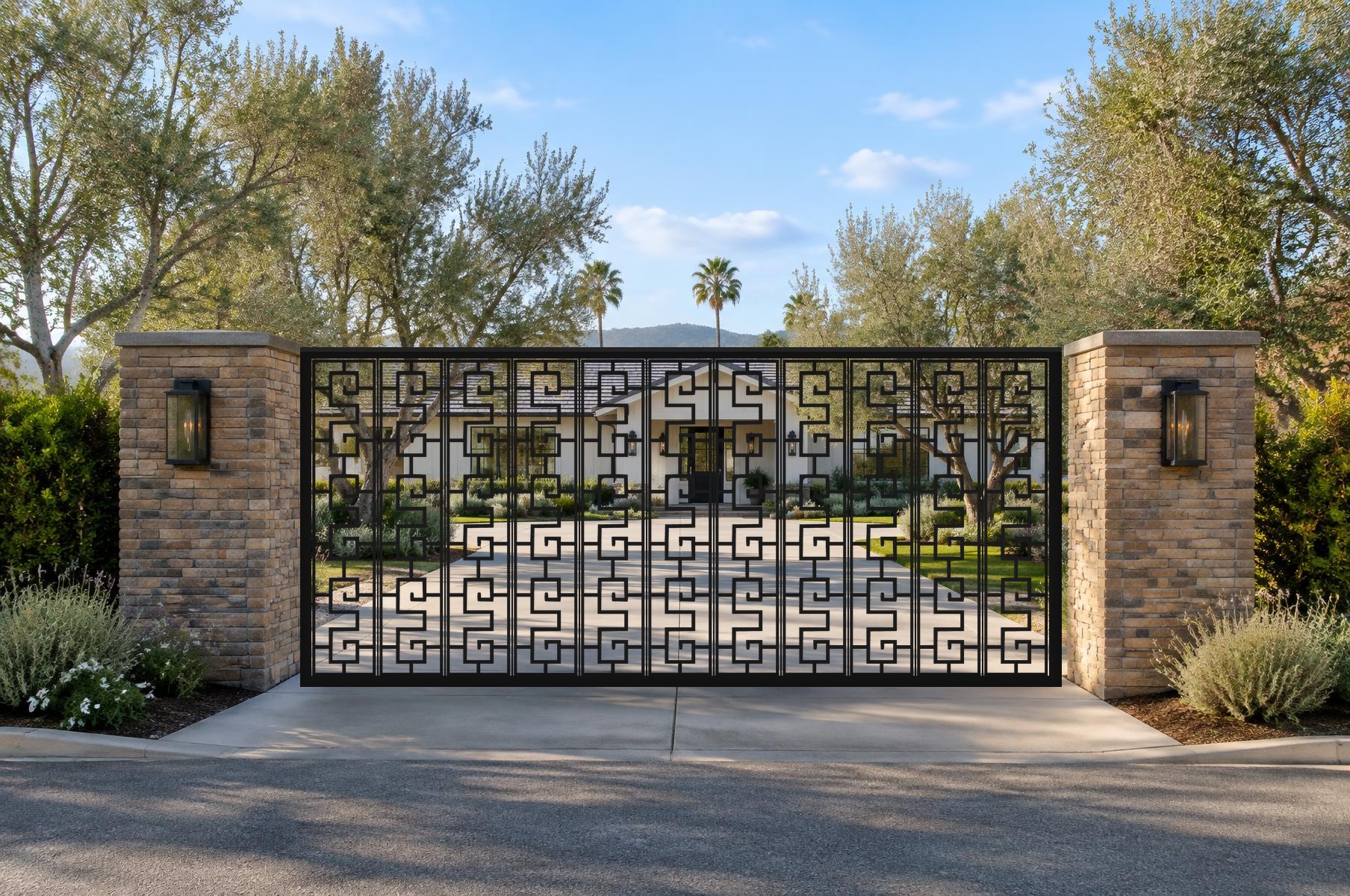 black CNC cut steel sliding driveway gate, Lattice Meander pattern