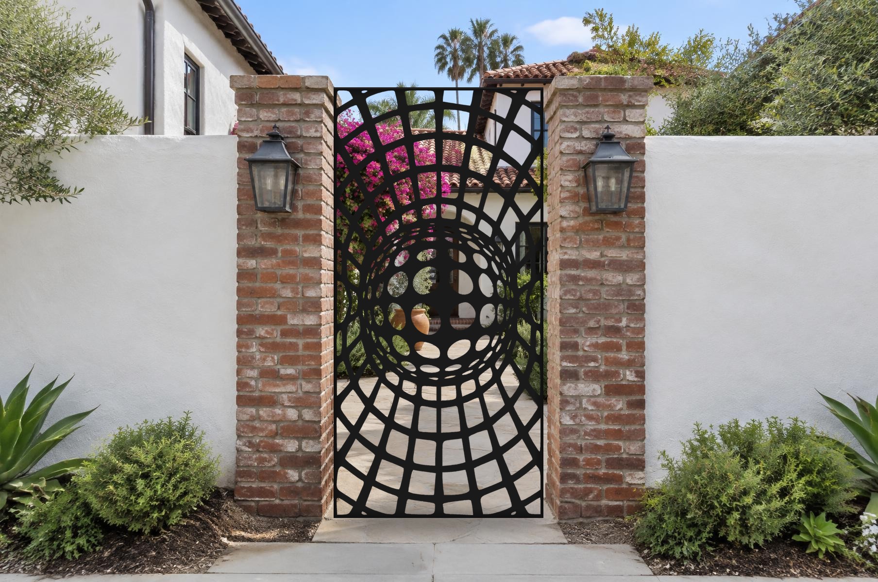 black CNC cut steel pedestrian gate, Sphere Void pattern