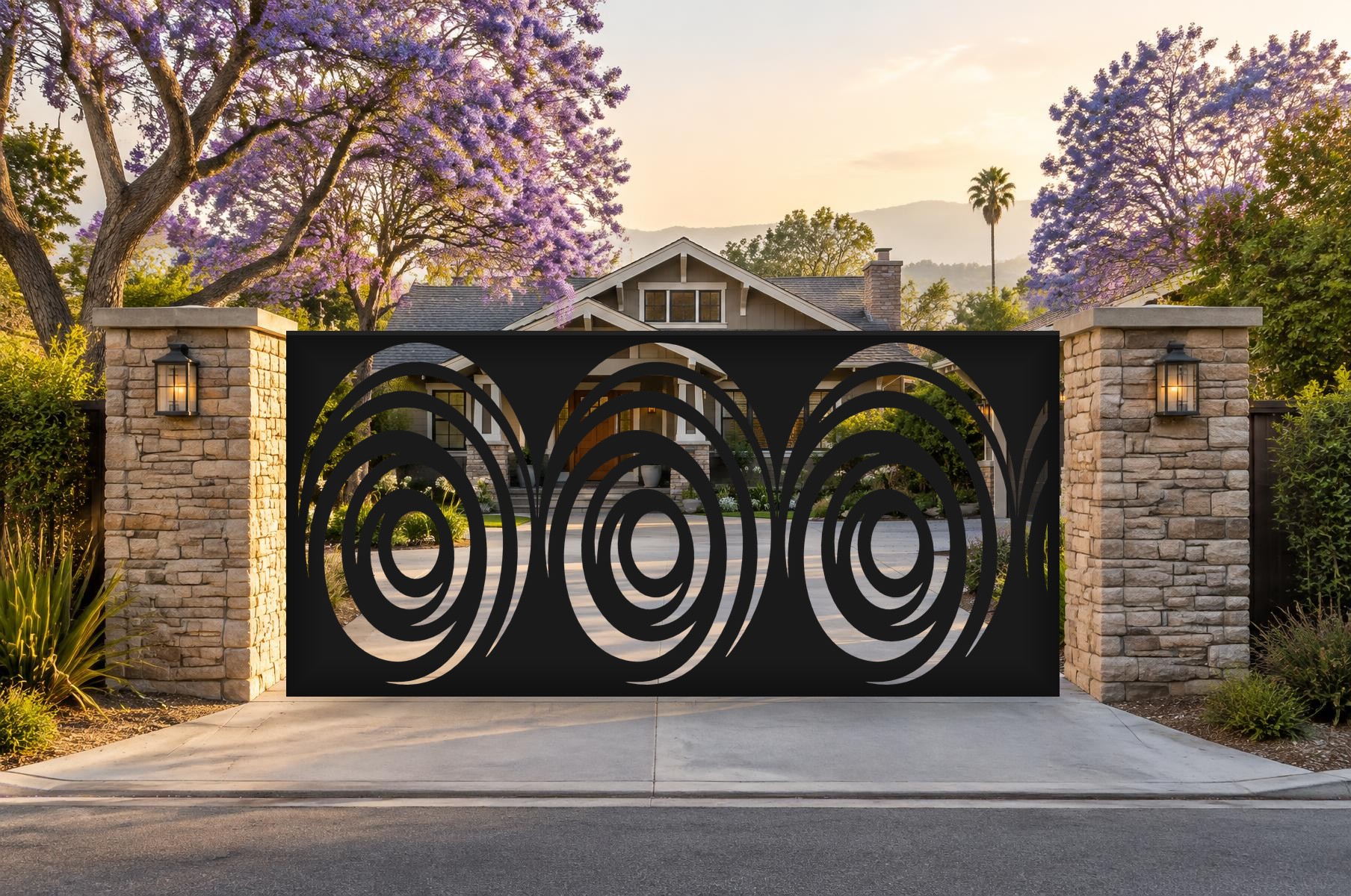 black CNC cut steel single swing driveway gate, Vortex Swirl pattern