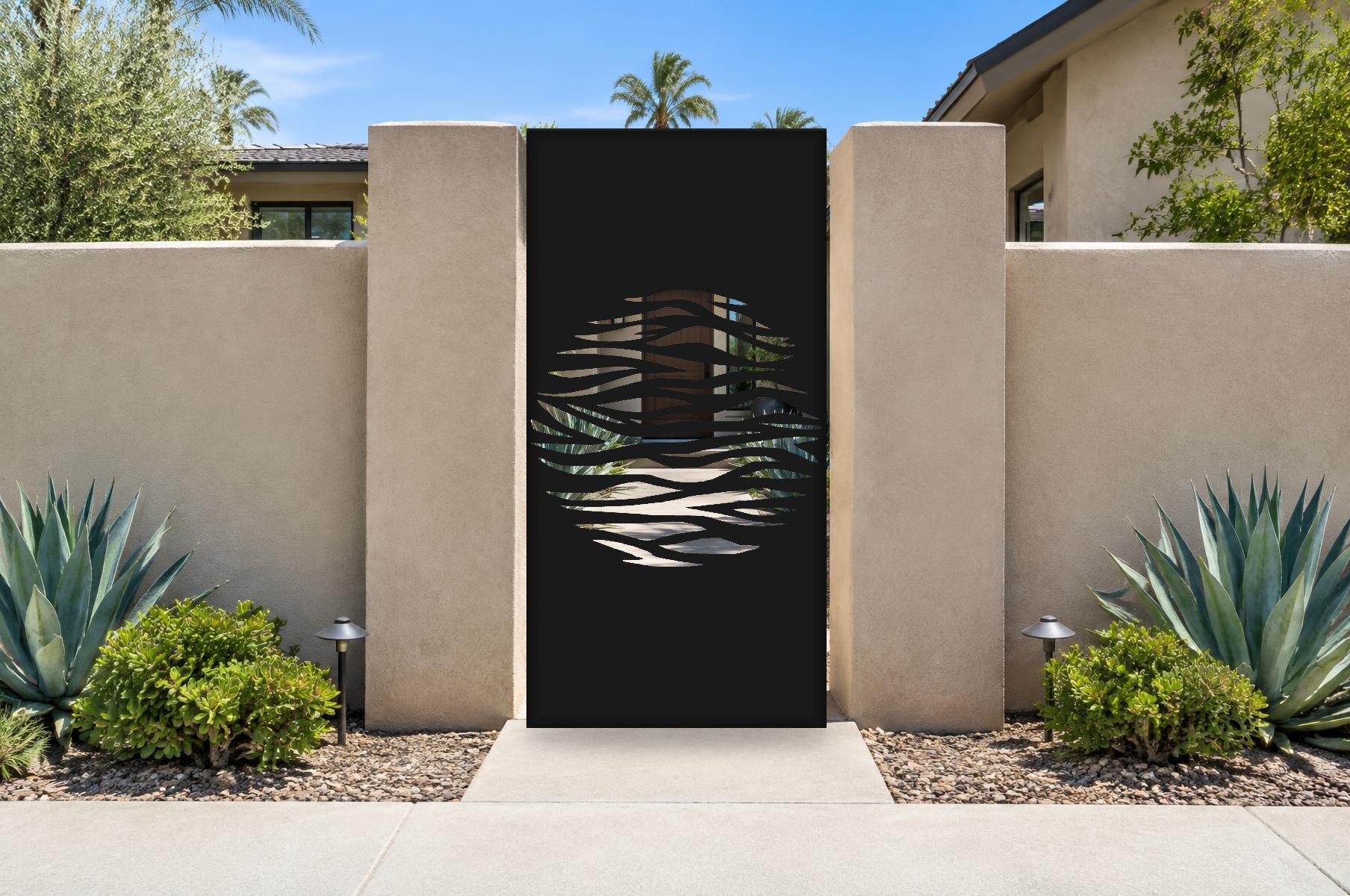 black CNC cut steel pedestrian gate, Wave Ripples pattern