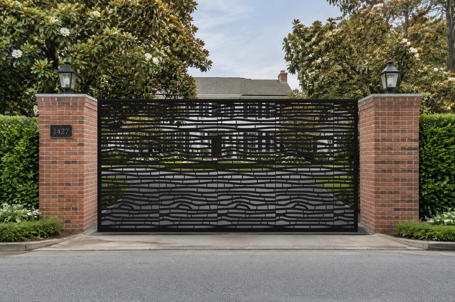 black CNC cut steel sliding driveway gate, Bamboo Planks pattern