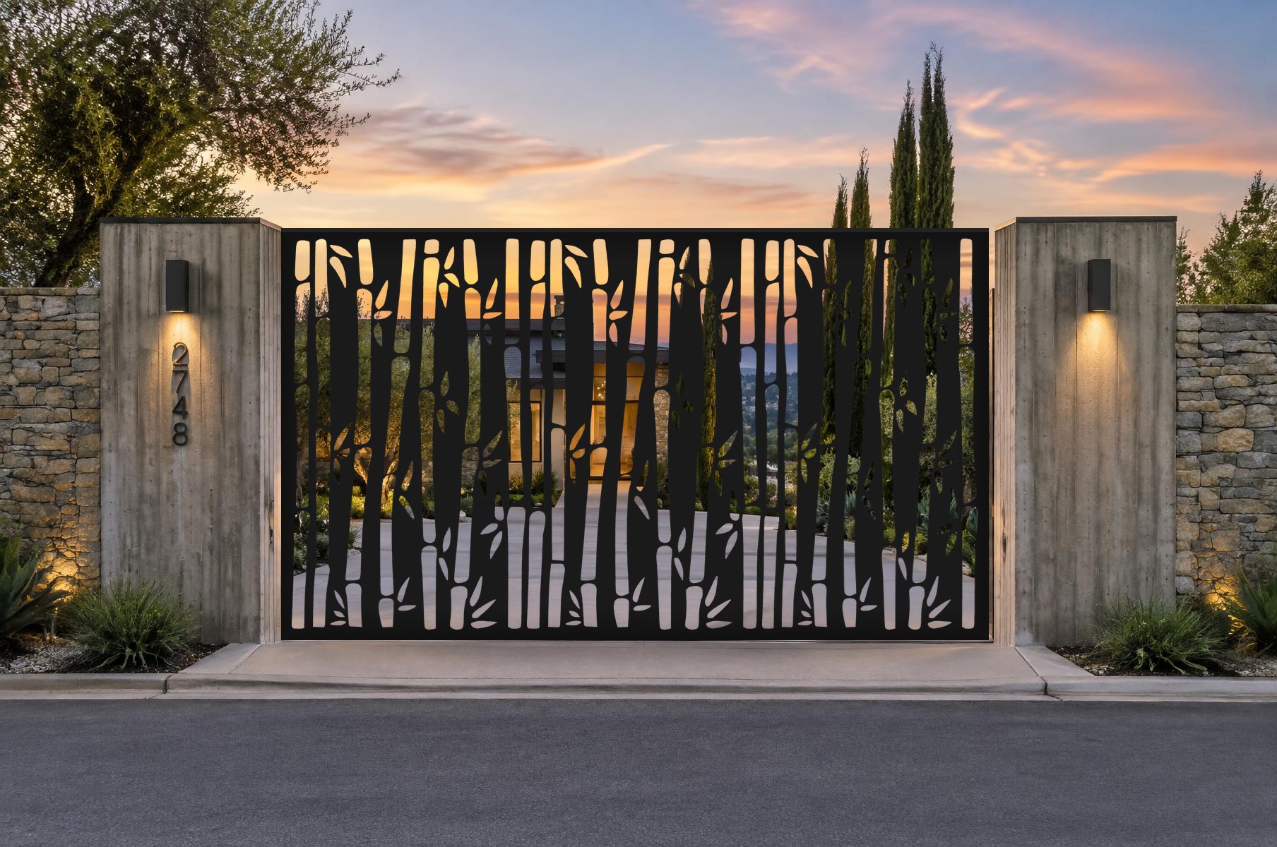 black CNC cut steel double swing driveway gate, Bamboo Forest pattern