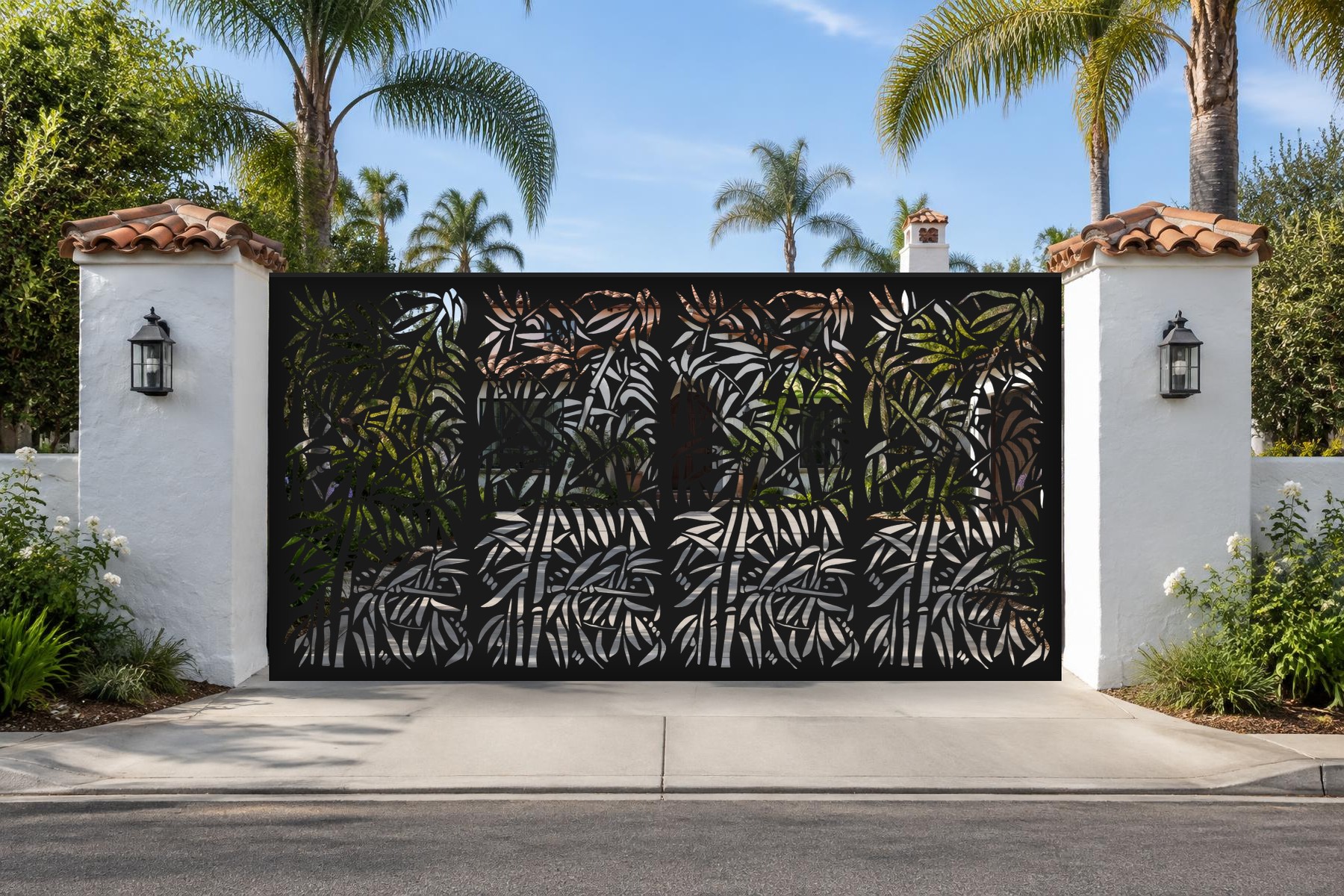black CNC cut steel double swing driveway gate, Bamboo Canopy pattern