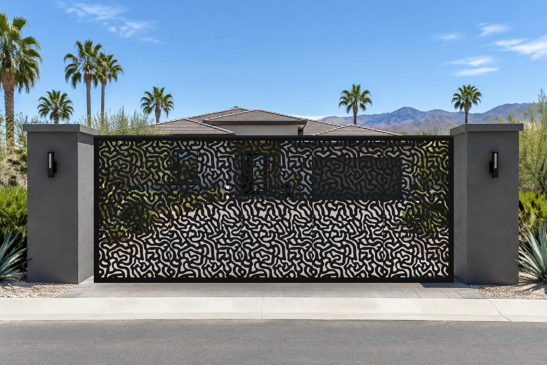 black CNC cut steel sliding driveway gate, Coral Flow pattern