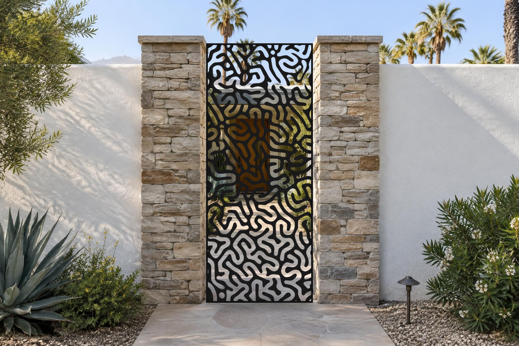 black CNC cut steel pedestrian gate, Labyrinth Coral pattern