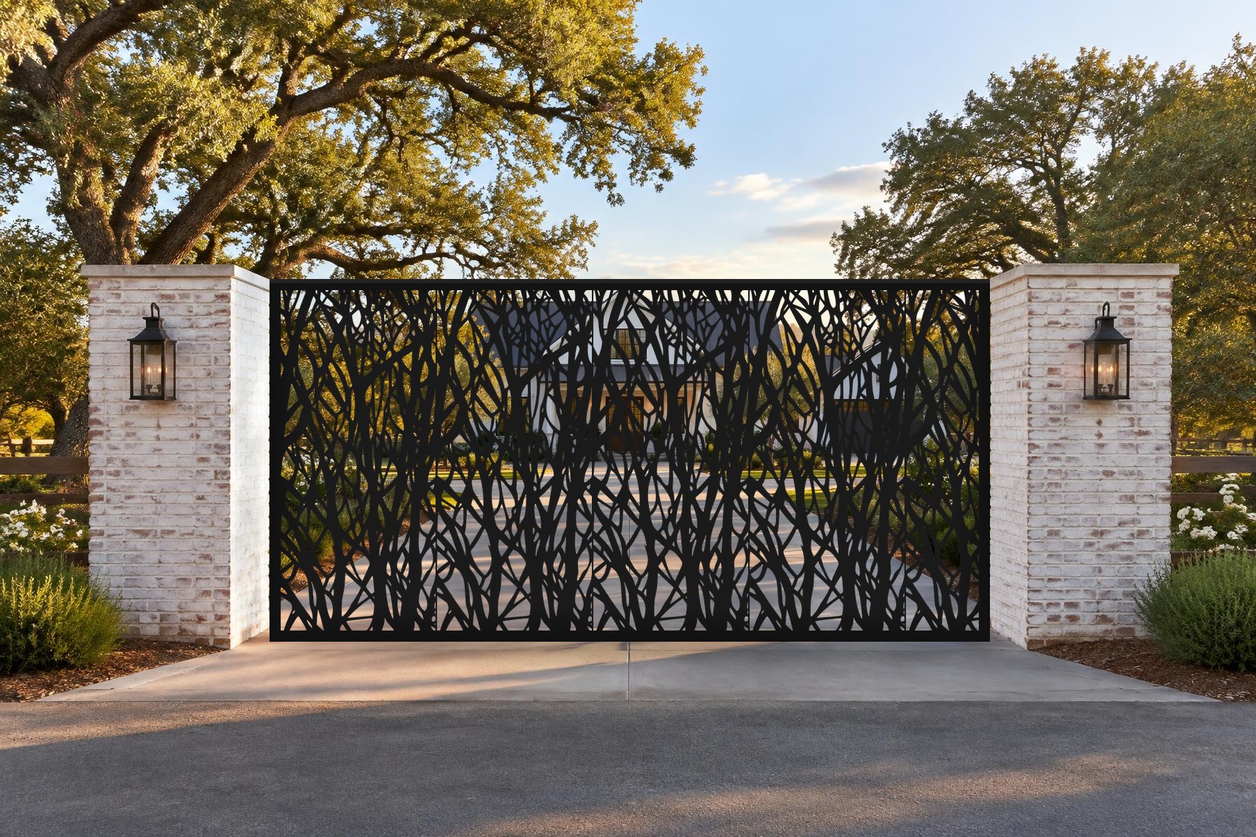 black CNC cut steel sliding driveway gate, Winter Branches pattern