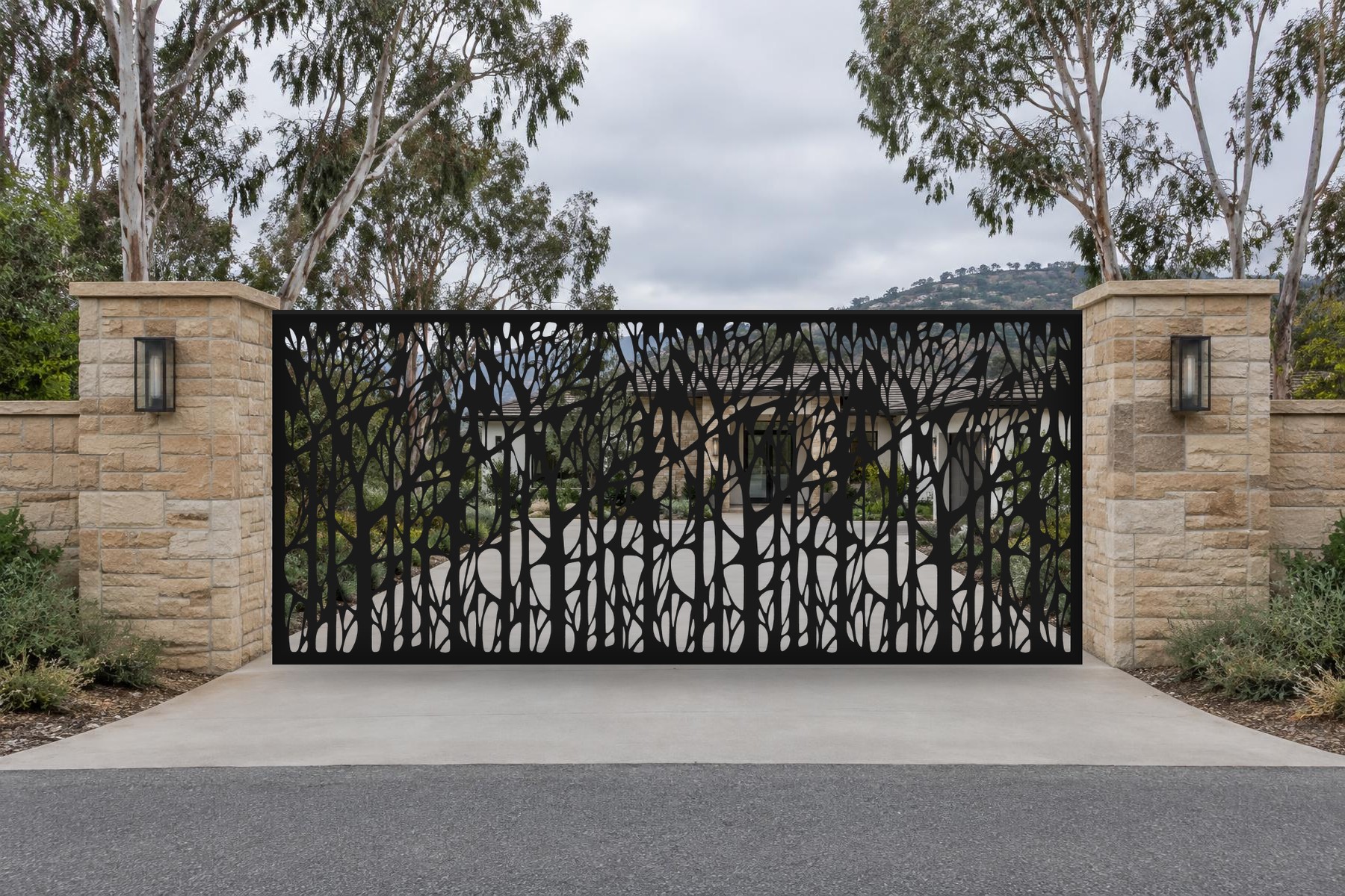 black CNC cut steel double swing driveway gate, Birch Grove pattern