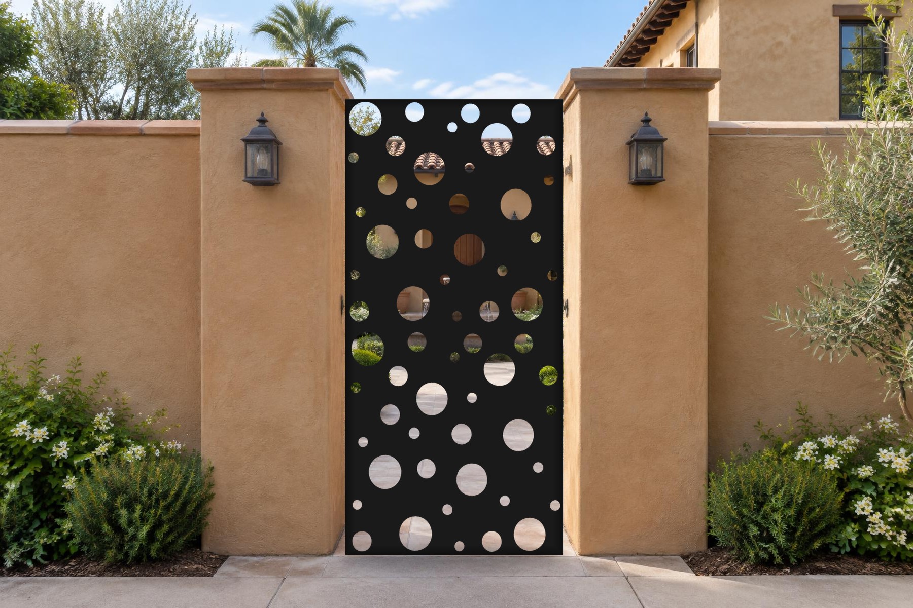black CNC cut steel pedestrian gate, Bubble Drift pattern