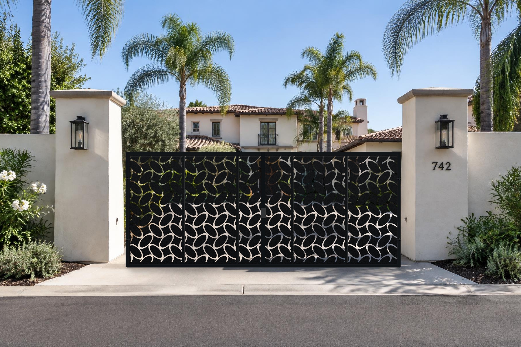 black CNC cut steel double swing driveway gate, Bubble Vines pattern