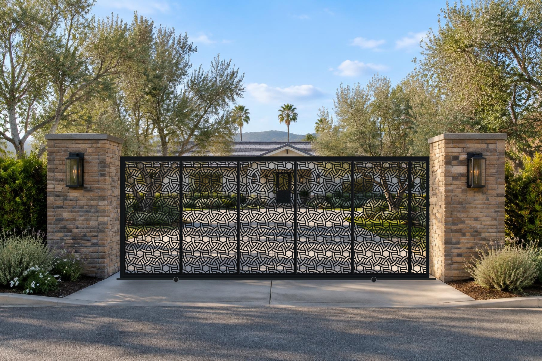 black CNC cut steel sliding driveway gate, Celtic Knot pattern