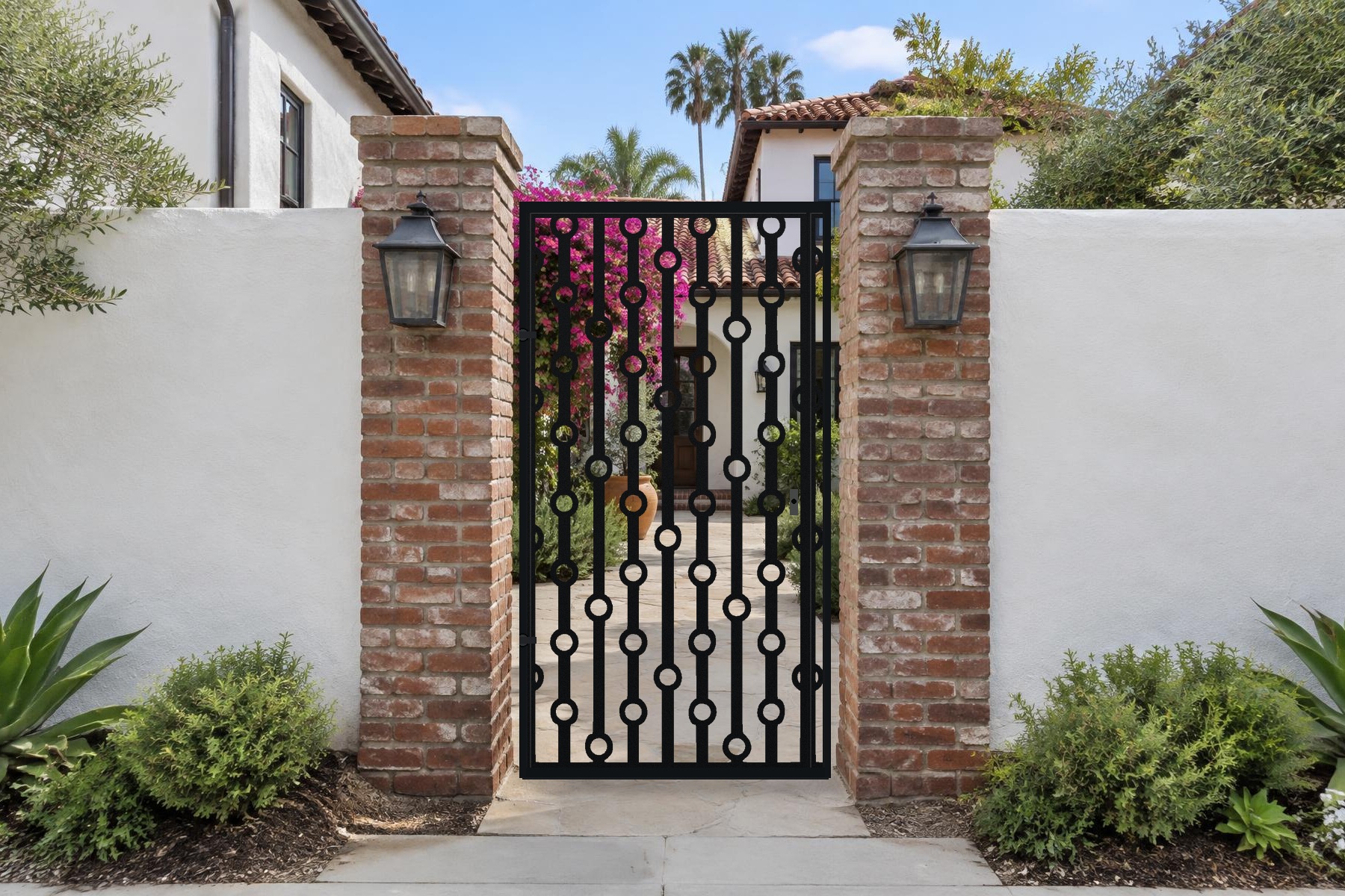 black CNC cut steel pedestrian gate, Chain Links pattern