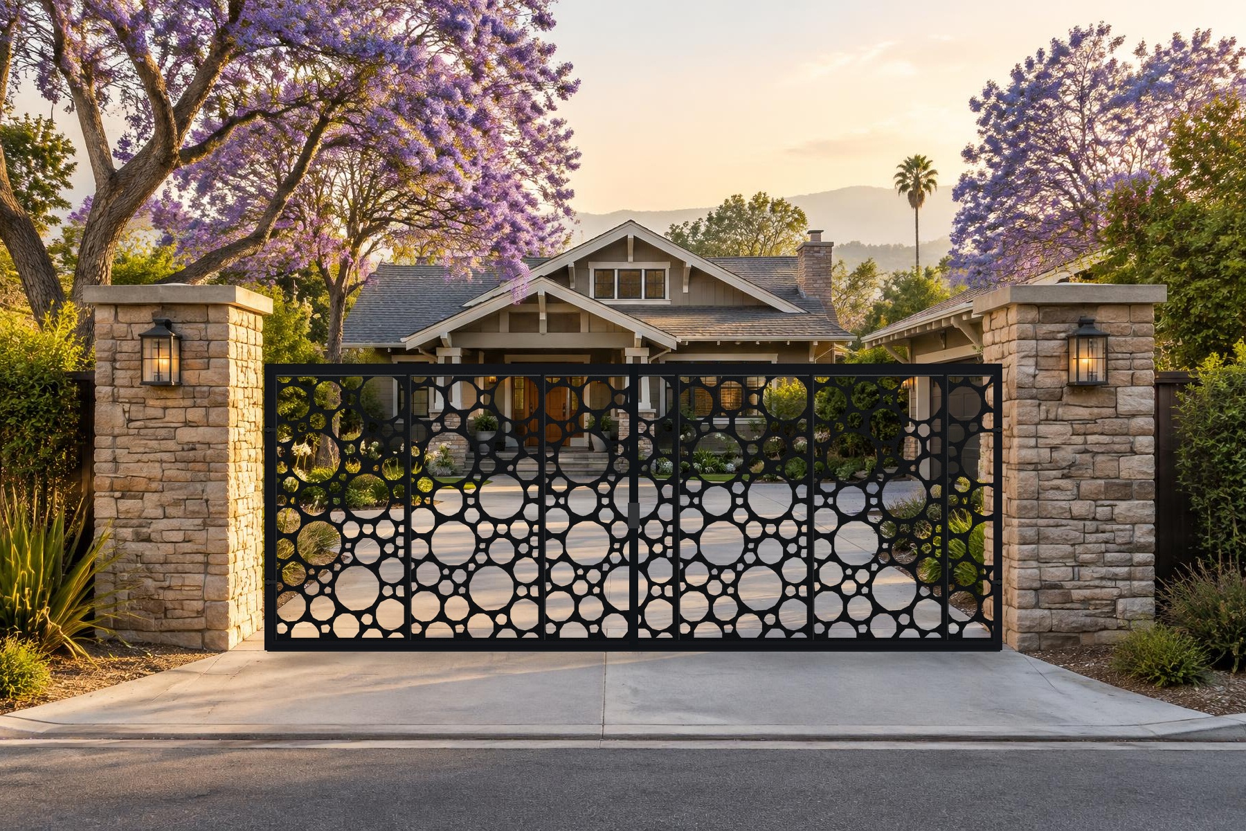 black CNC cut steel double swing driveway gate, Circle Field pattern