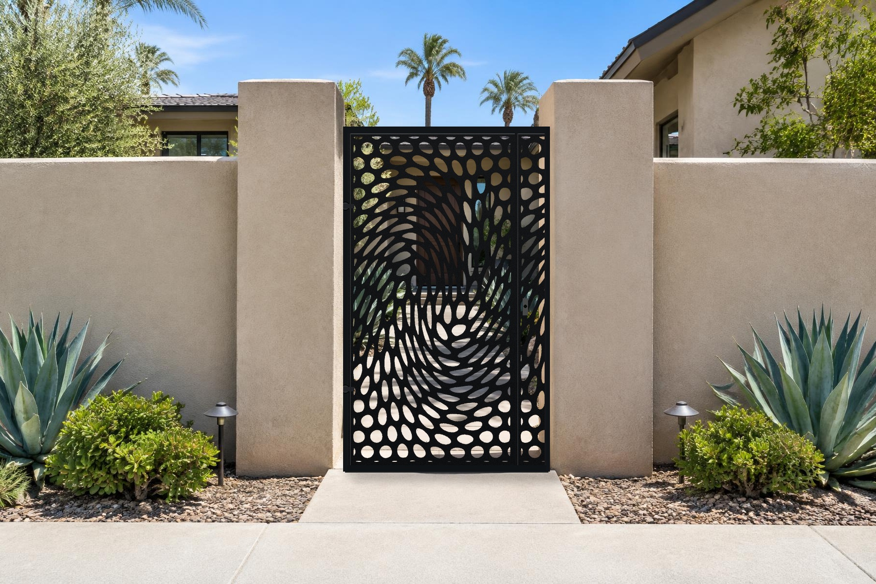 black CNC cut steel pedestrian gate, Circle Vortex pattern