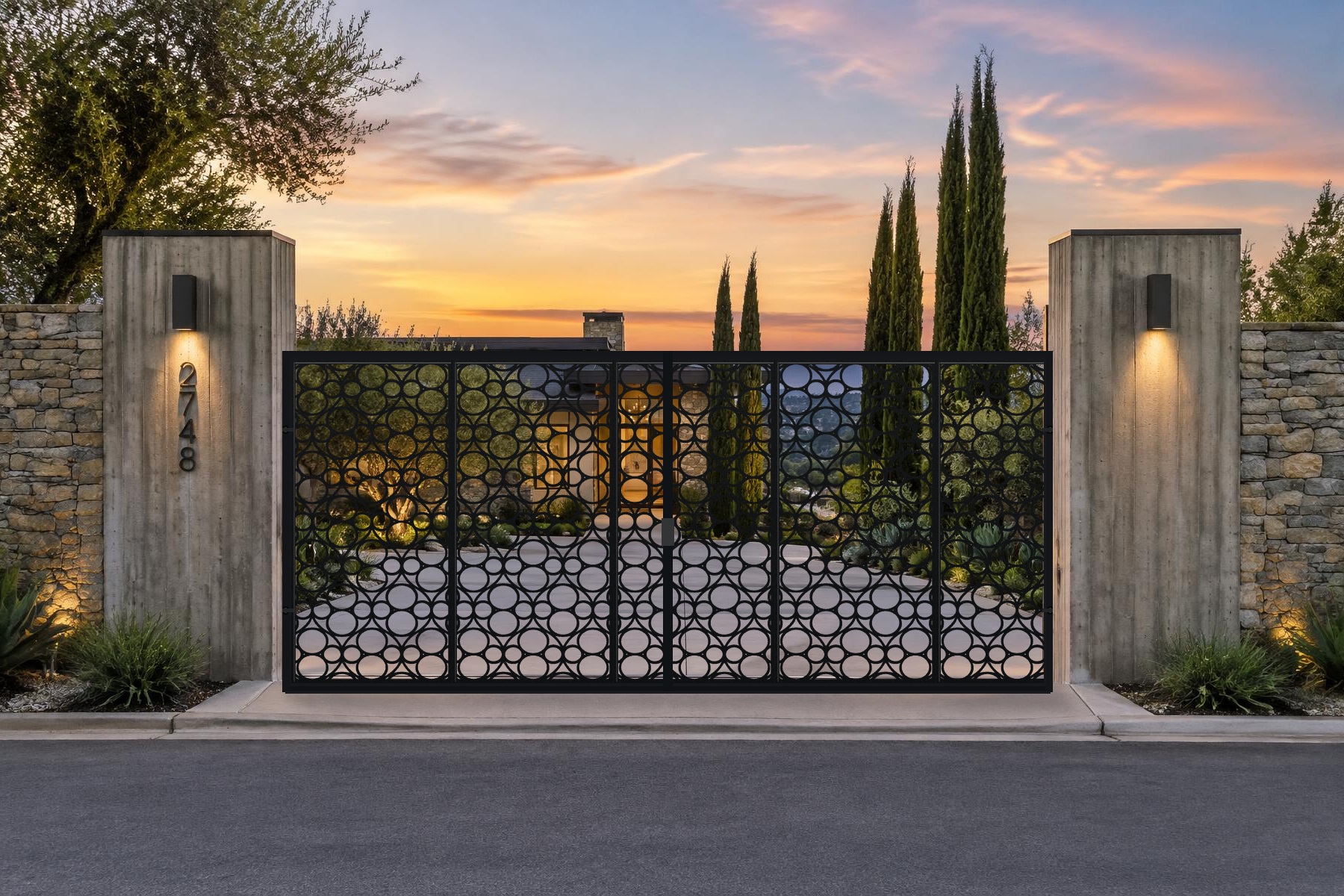 black CNC cut steel double swing driveway gate, Circle Mosaic pattern