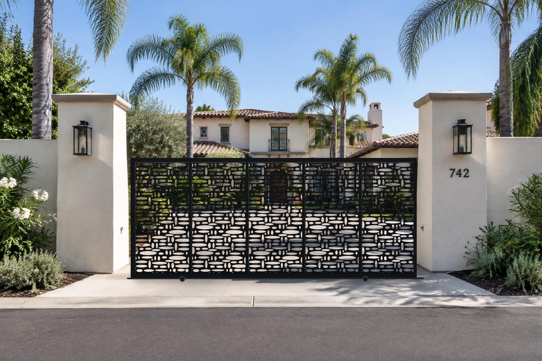 black CNC cut steel sliding driveway gate, Linear Orbits pattern