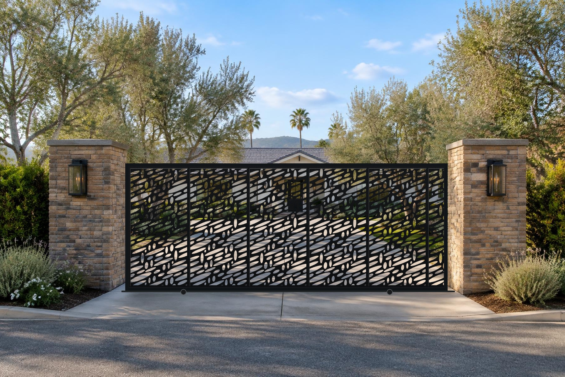 black CNC cut steel sliding driveway gate, Diagonal Orbits pattern