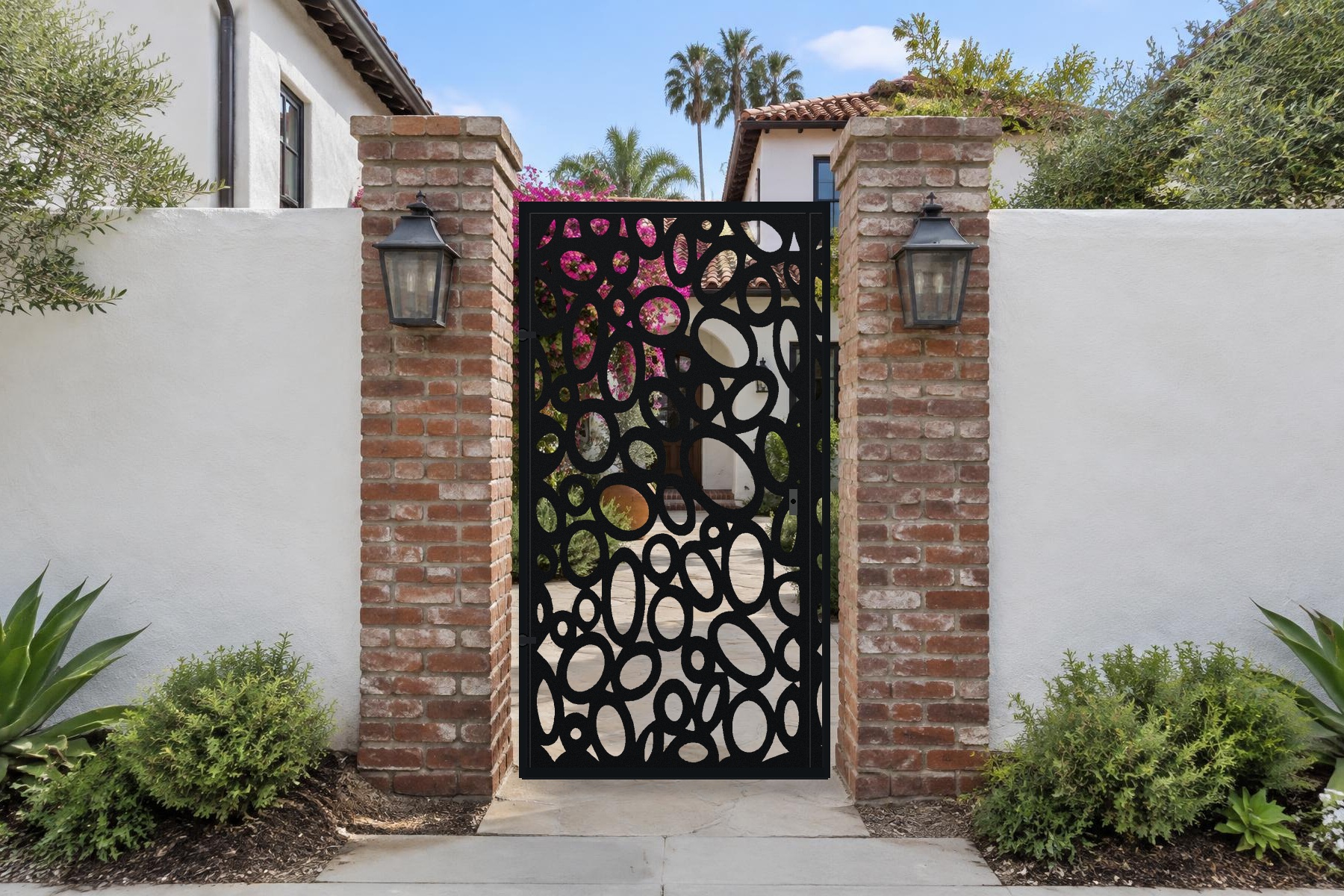 black CNC cut steel pedestrian gate, Oval Drift pattern