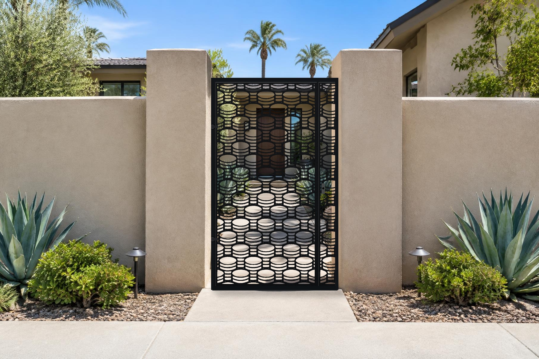 black CNC cut steel pedestrian gate, Coins pattern