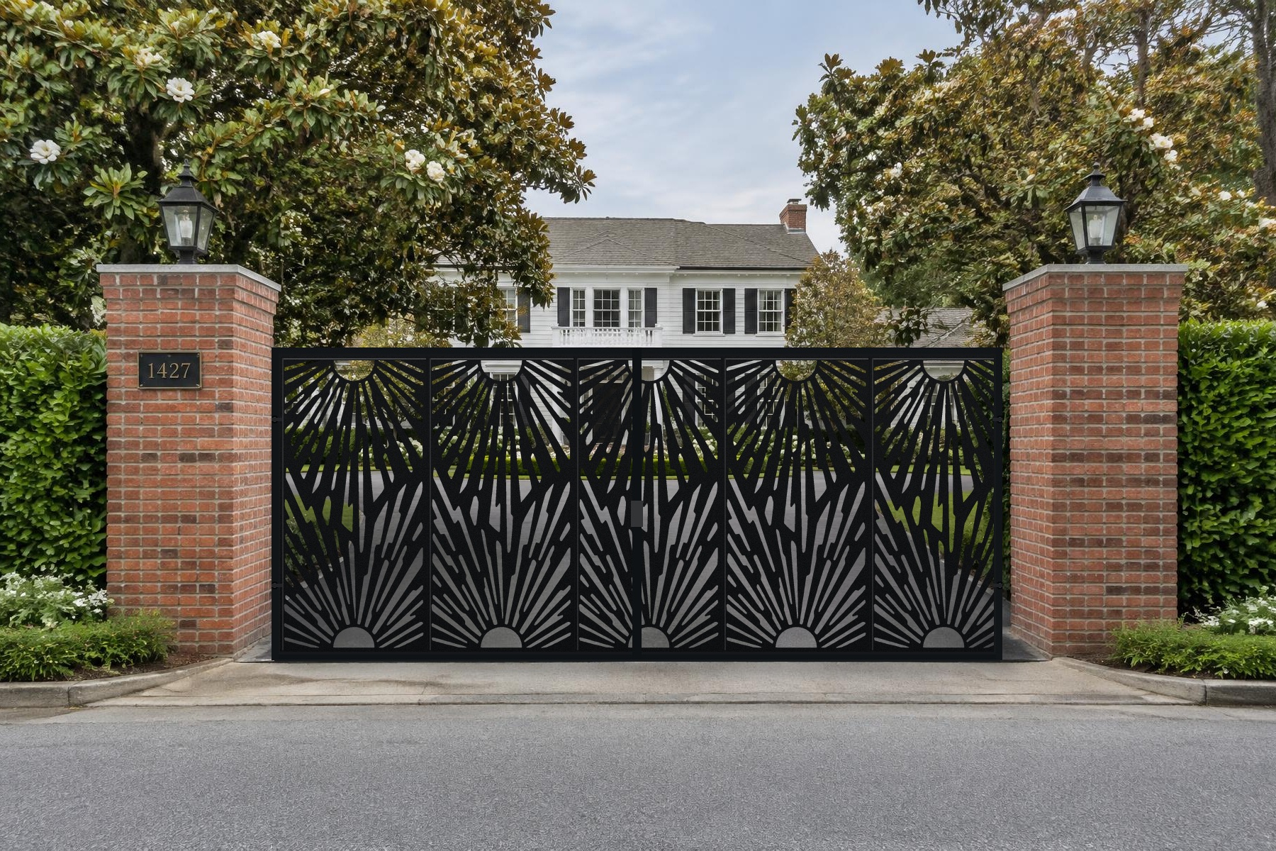 black CNC cut steel double swing driveway gate, Contemporary Sol pattern