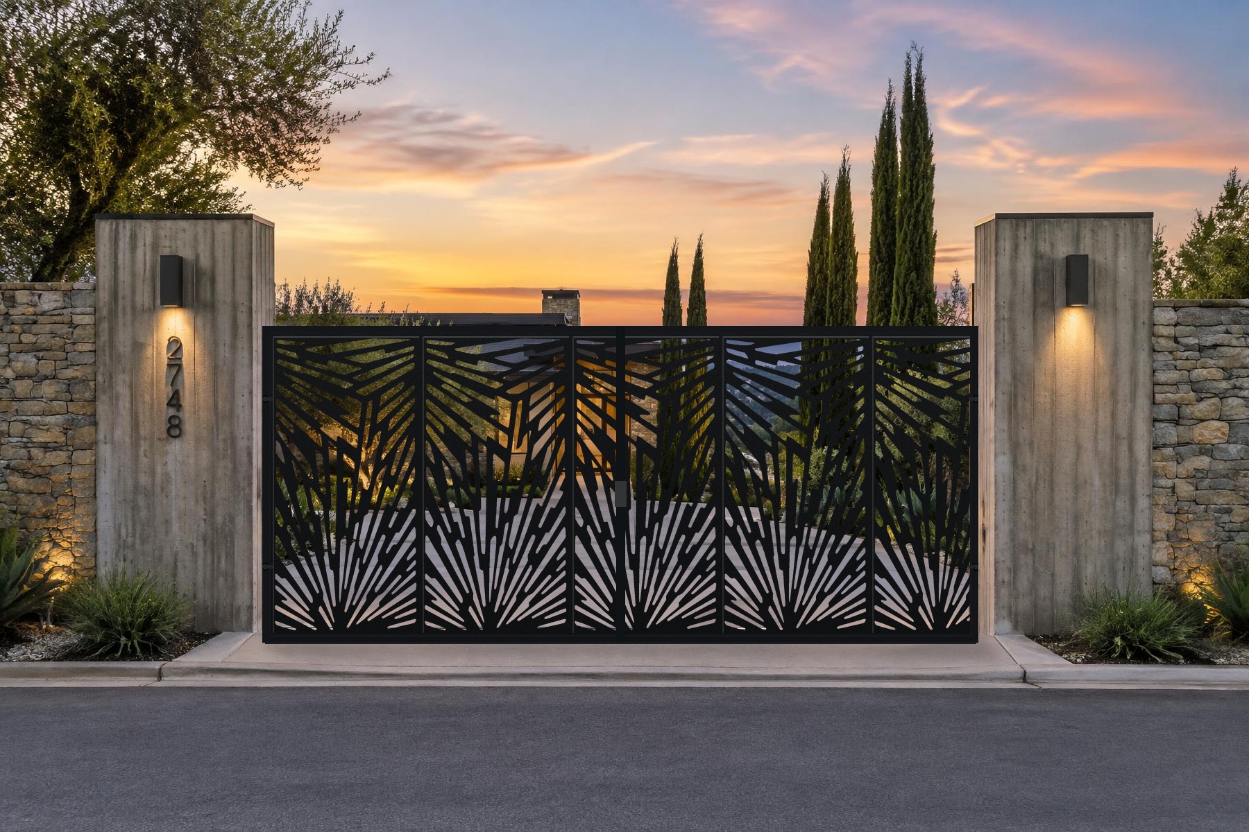 black CNC cut steel double swing driveway gate, Contemporary Solana Panel pattern