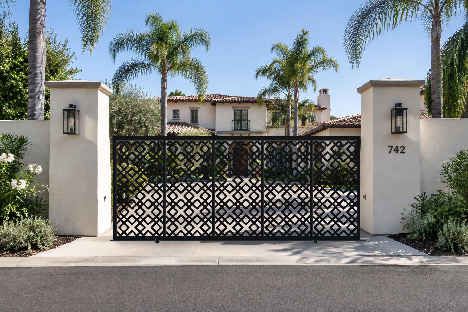 black CNC cut steel sliding driveway gate, Cross X Pattern pattern