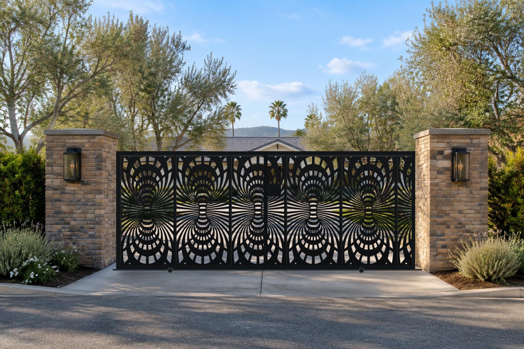 black CNC cut steel double sliding driveway gate, Double Void pattern