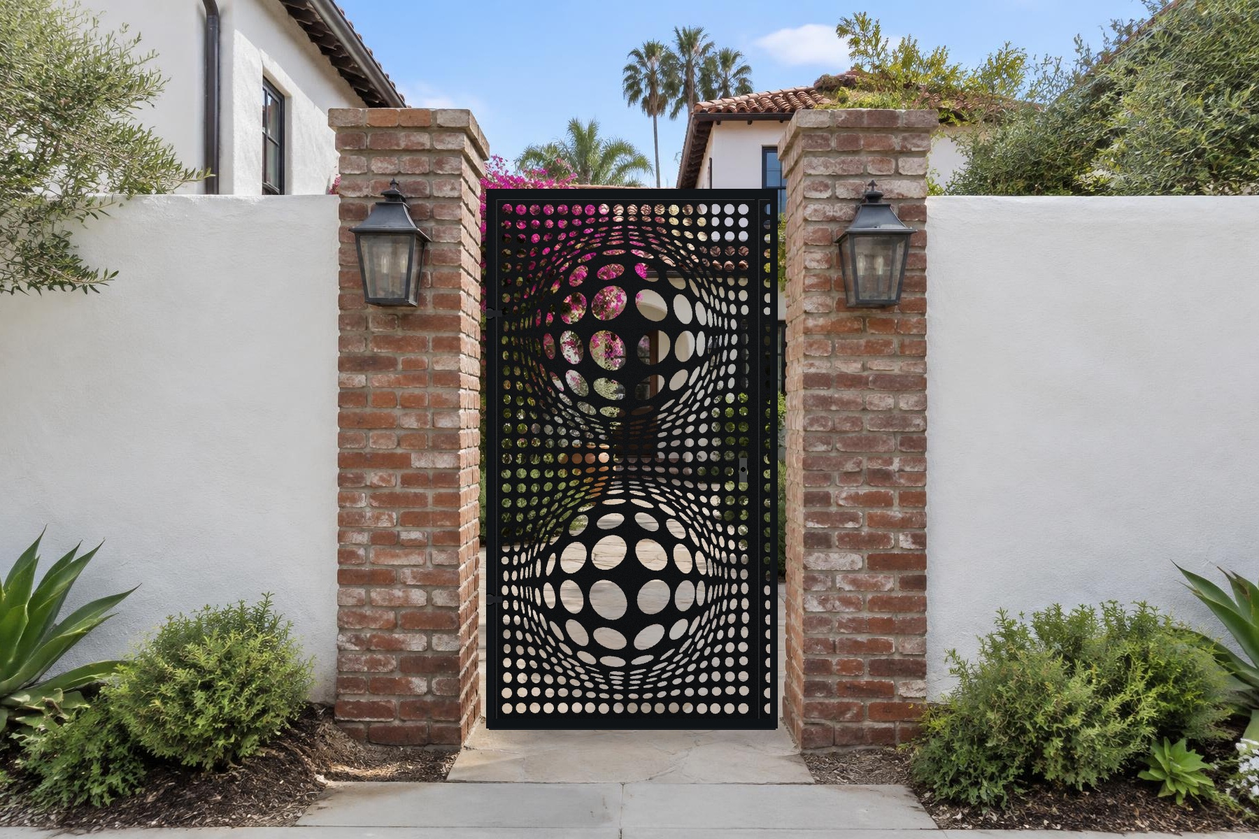 black CNC cut steel pedestrian gate, Double Ball Void pattern