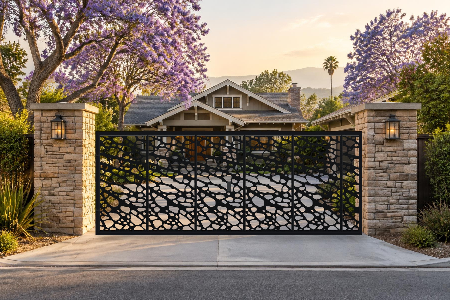black CNC cut steel single swing driveway gate, Dry Leaf pattern