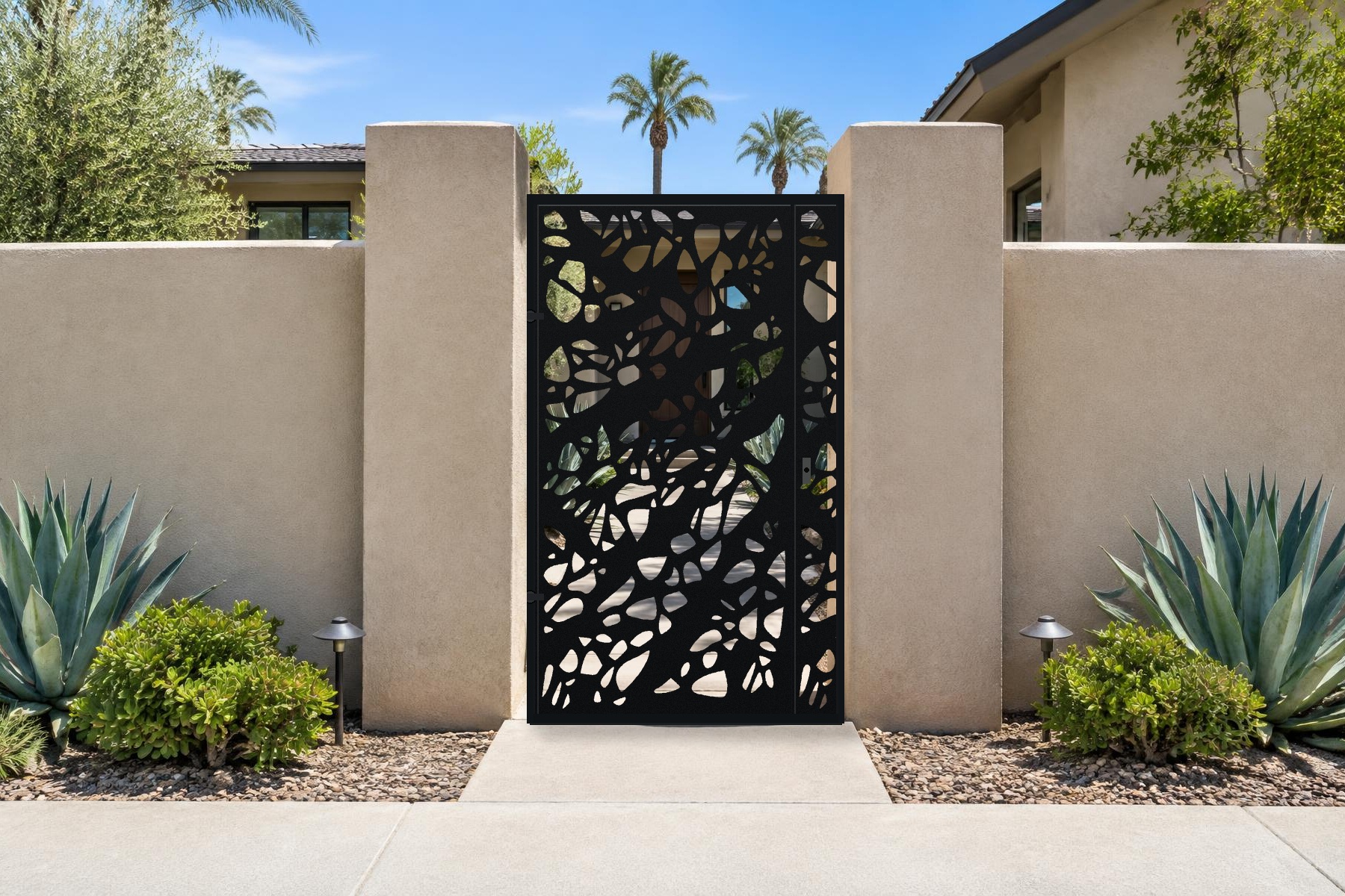 black CNC cut steel pedestrian gate, Dry Leaf II pattern