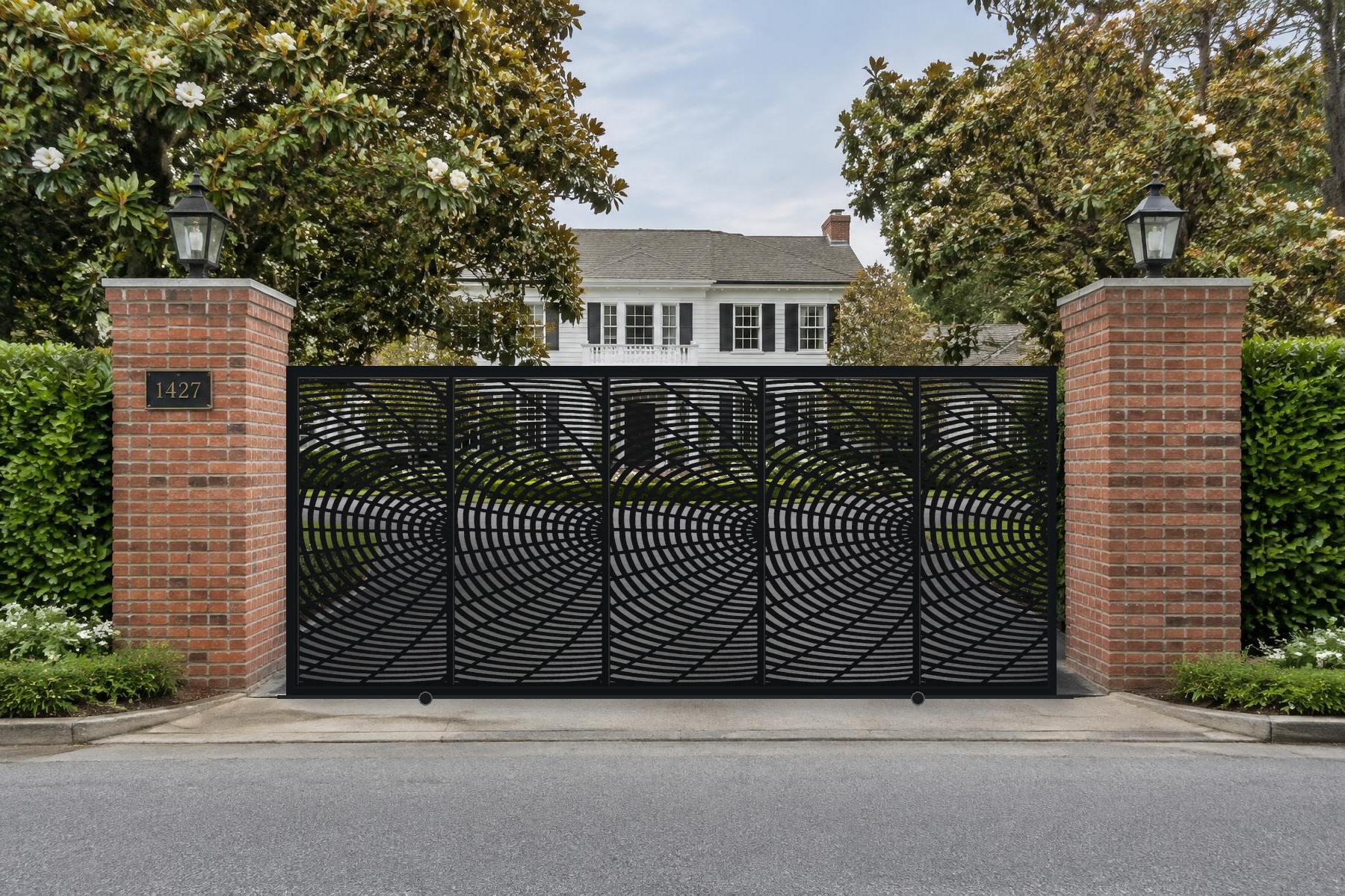 black CNC cut steel sliding driveway gate, Radial Fan pattern