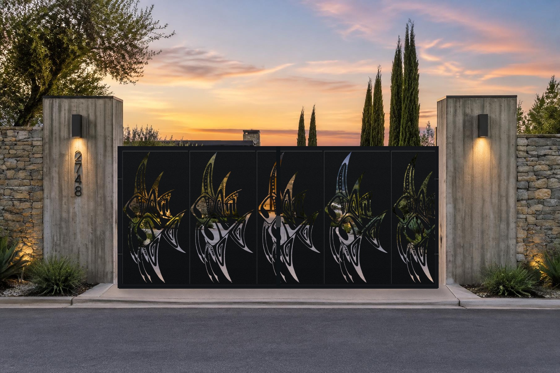 black CNC cut steel double swing driveway gate, Fish School pattern