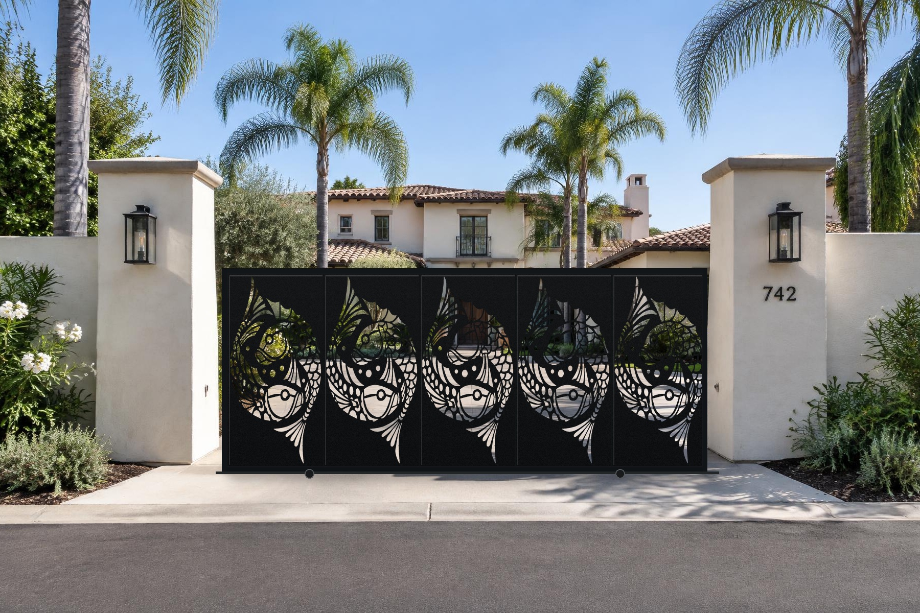 black CNC cut steel sliding driveway gate, Tropical Fish pattern