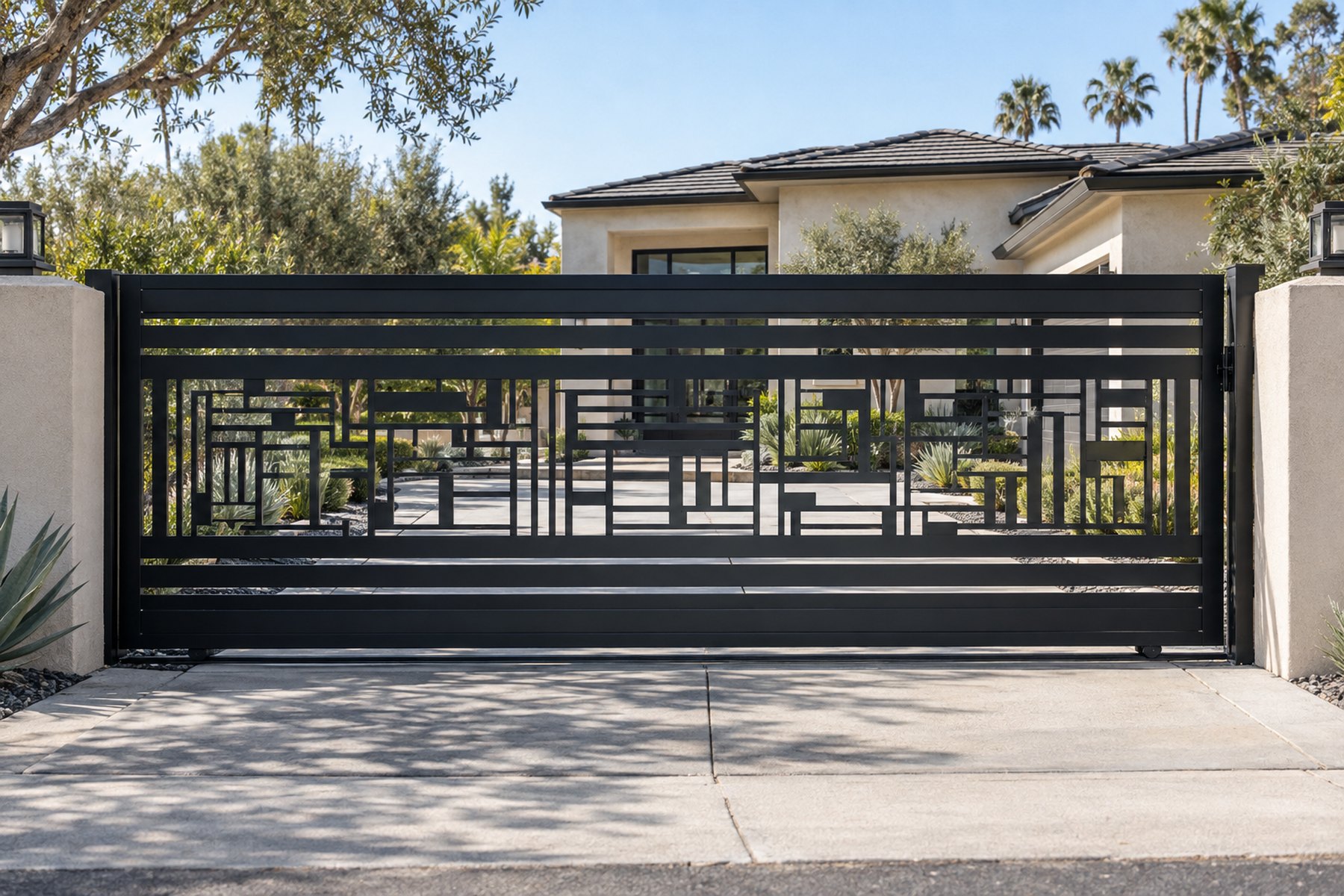 black CNC cut steel sliding driveway gate, Horizontal slat with CNC center panel pattern
