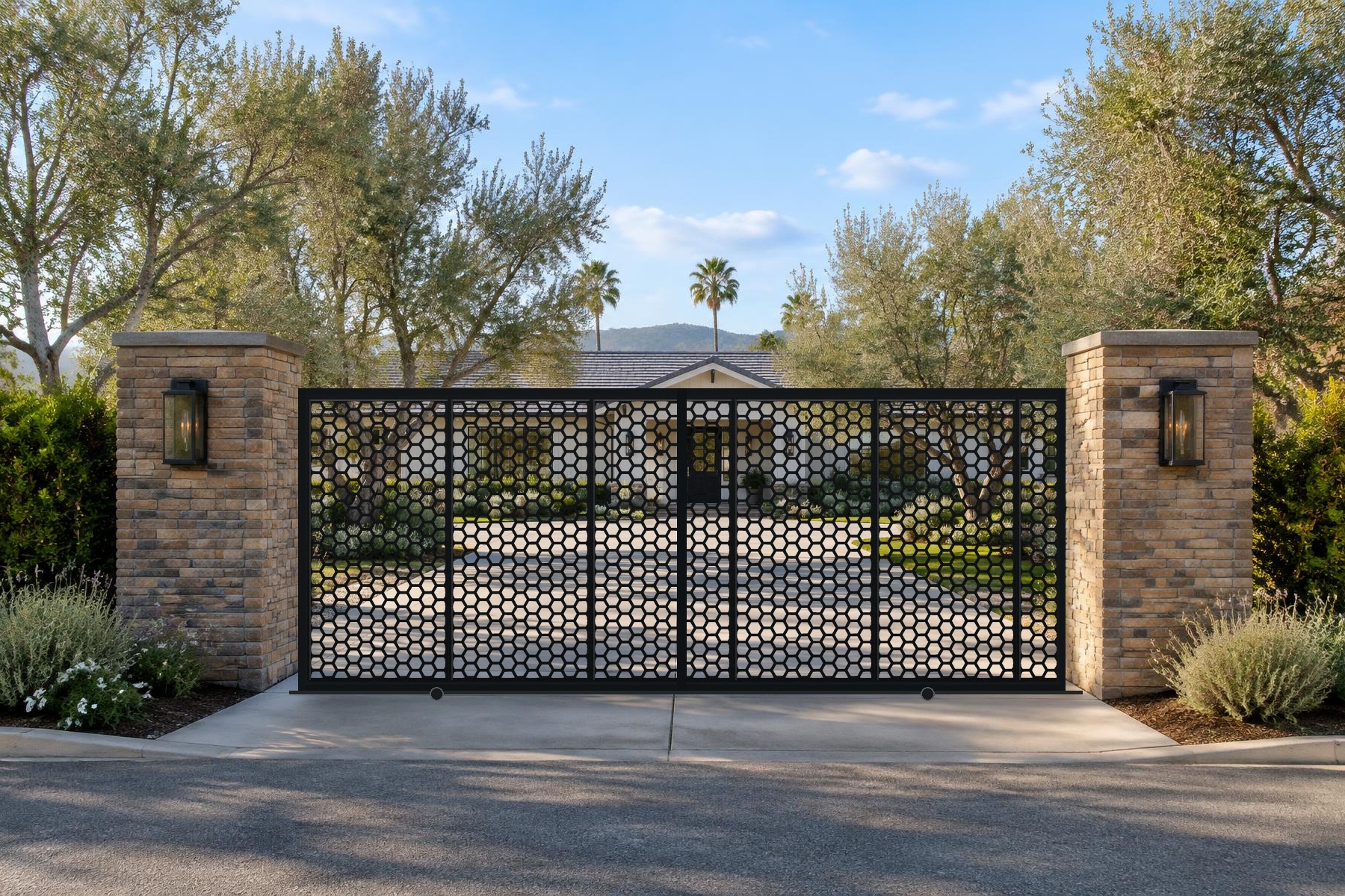 black CNC cut steel double sliding driveway gate, Honeycomb Field pattern
