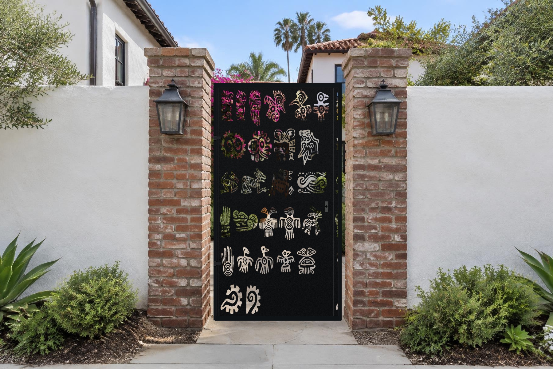 black CNC cut steel pedestrian gate, Mayan Glyphs pattern
