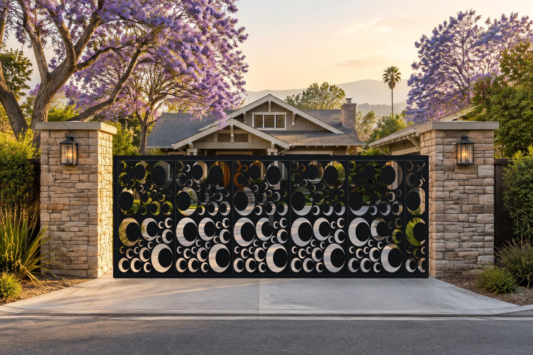 black CNC cut steel single swing driveway gate, Lunar Phases pattern