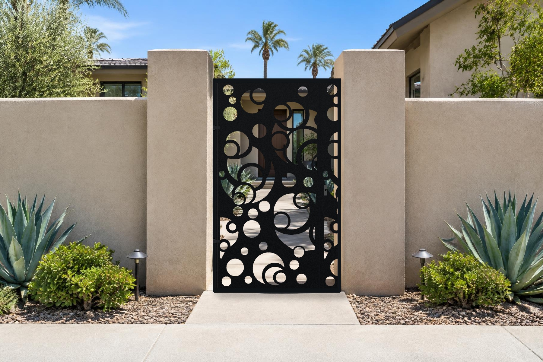 black CNC cut steel pedestrian gate, Moons and Suns pattern