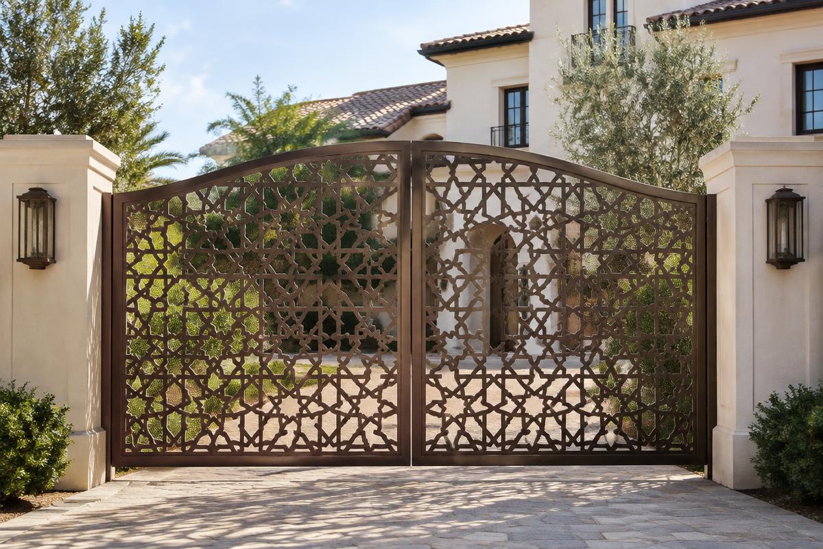 bronze CNC cut steel double swing driveway gate, Moroccan lattice pattern