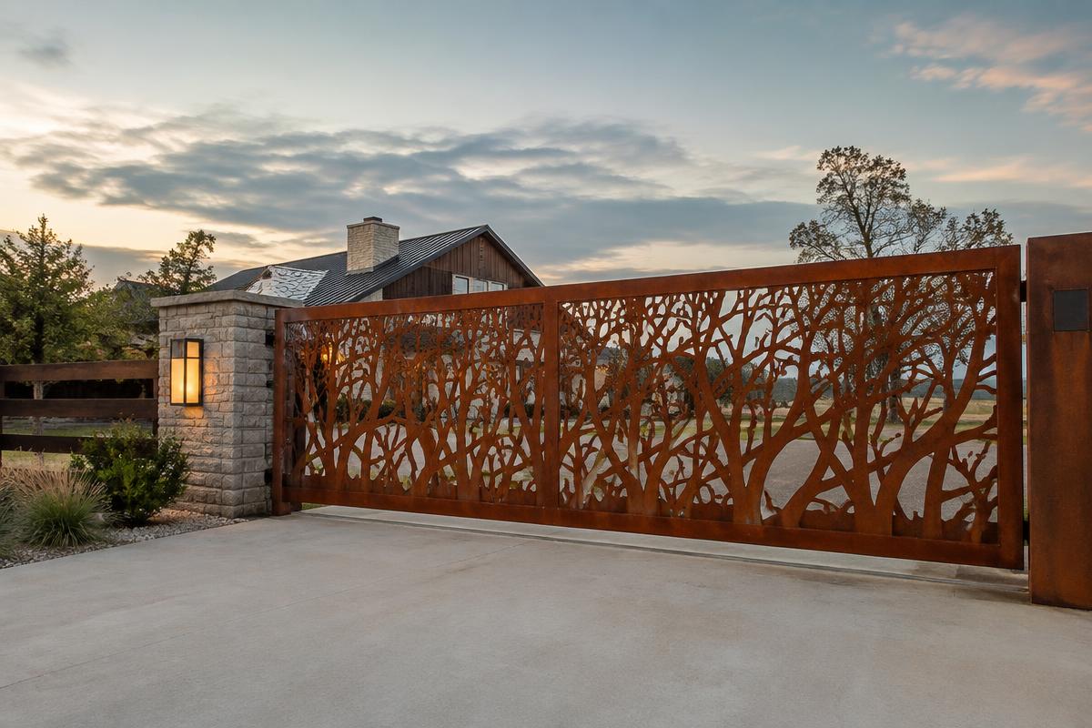 corten rust CNC cut steel sliding driveway gate, Corten tree branches pattern