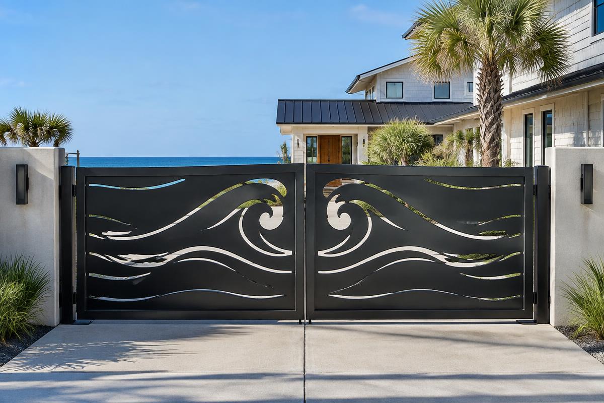 black CNC cut steel double swing driveway gate, Ocean waves pattern