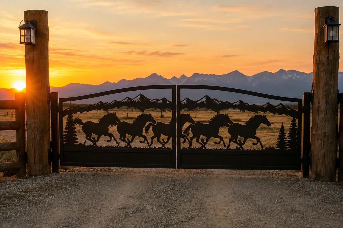 black CNC cut steel double swing driveway gate, Running horses ranch gate pattern