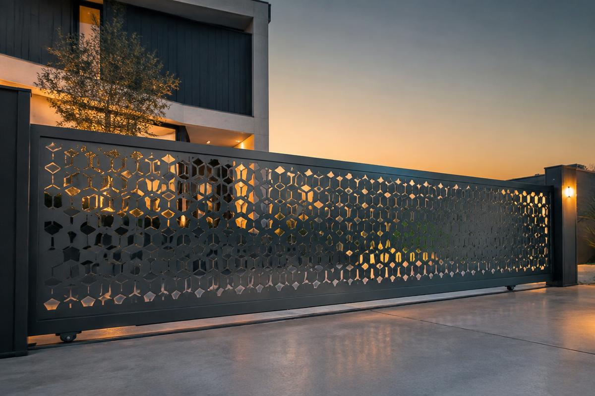 charcoal CNC cut steel sliding driveway gate, Backlit honeycomb pattern