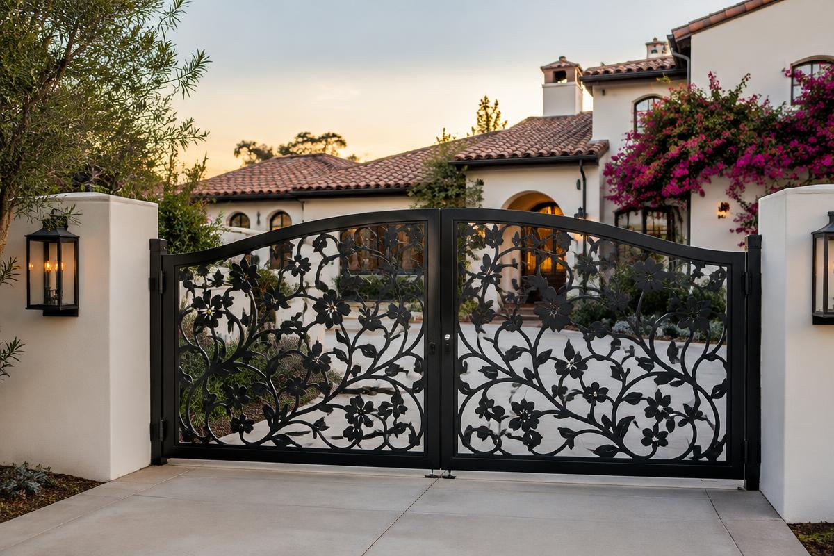satin black CNC cut steel double swing driveway gate, Floral vine pattern